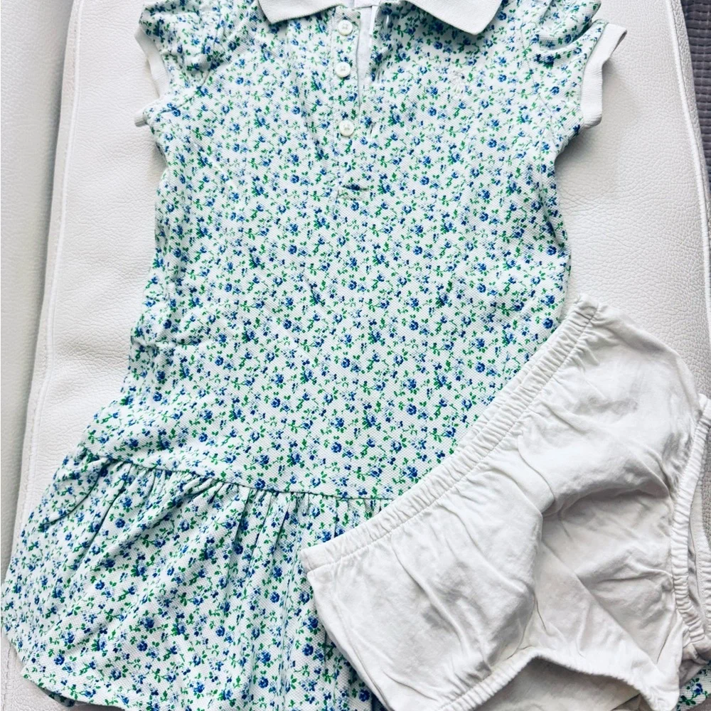 RALPH LAUREN Girls' Floral Stretch Mesh Polo Dress & Bloomers - Baby 18 mo GUC